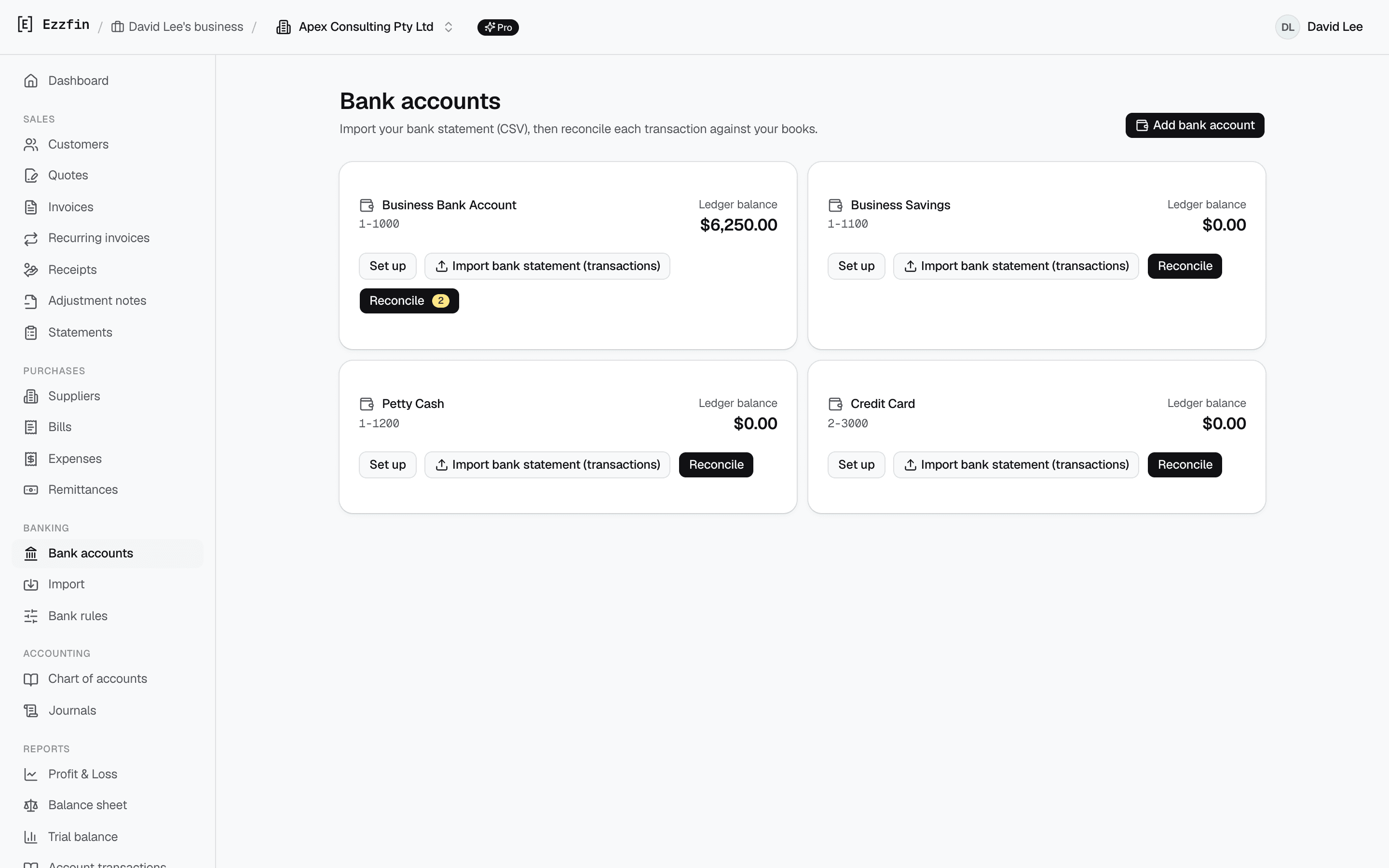 The Ezzfin bank accounts screen listing each account with its balance and unreconciled transaction count.