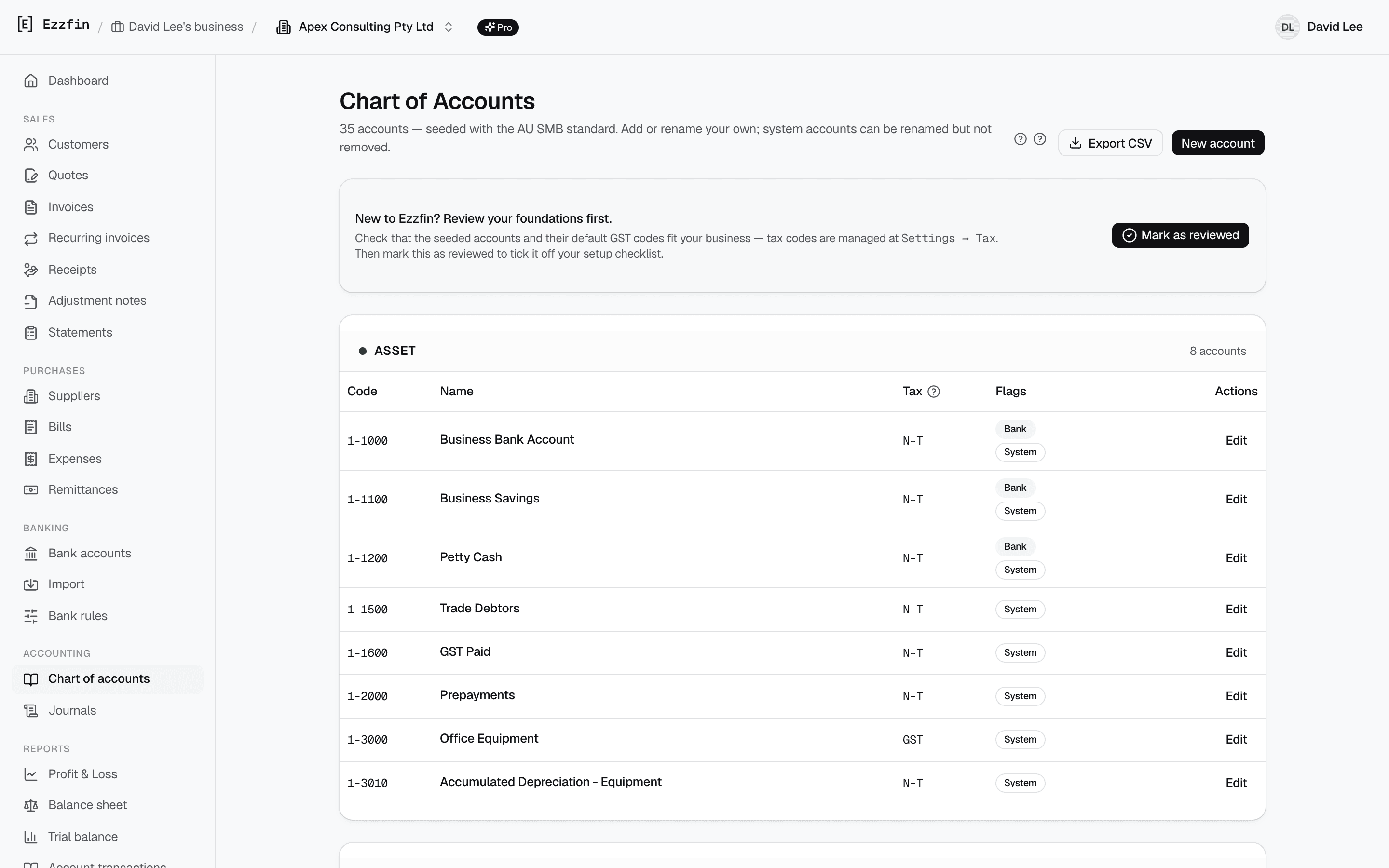 The Ezzfin chart of accounts listing account codes, names, types and balances.